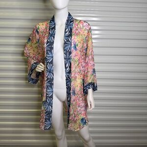 NWT Christopher & Banks L/XL Summer Sheer Floral W/ Blue Trim Long Sleeve Kimono